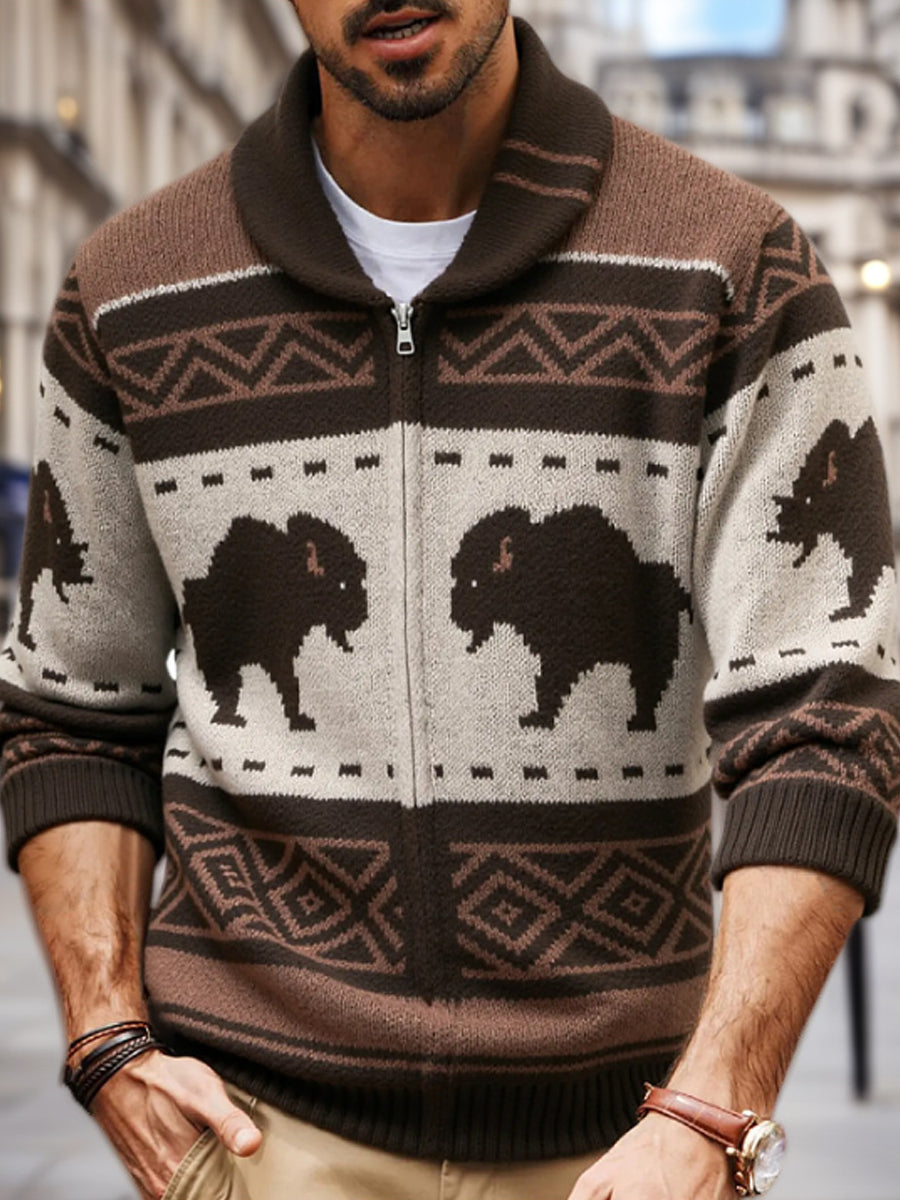 Herren Winter Vintage Western Bear Schal Kragen Reiß verschluss Pullover Strickjacke