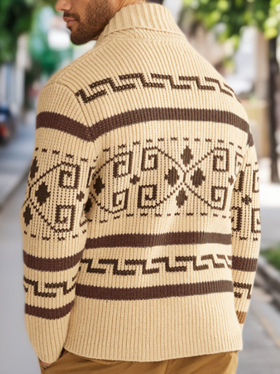 Herren Winter Retro indische Kultur Geometrisches Muster Schal Kragen Reiß verschluss Pullover Strickjacke