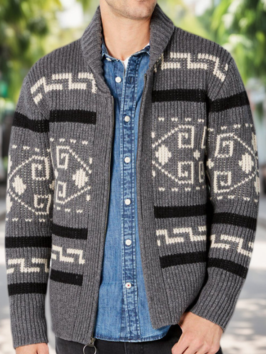 Herren Winter Retro indische Kultur Geometrisches Muster Schal Kragen Reiß verschluss Pullover Strickjacke