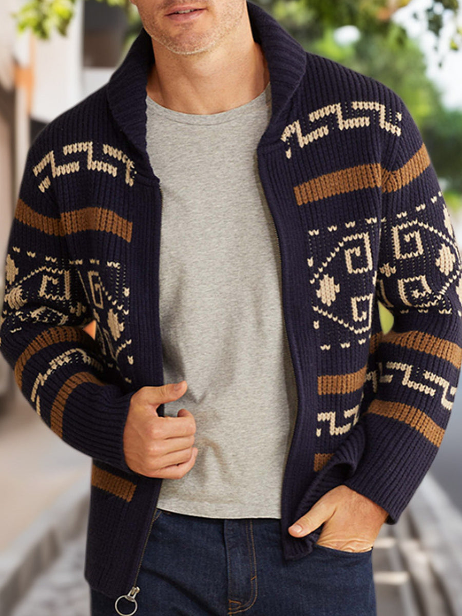Herren Winter Retro indische Kultur Geometrisches Muster Schal Kragen Reiß verschluss Pullover Strickjacke