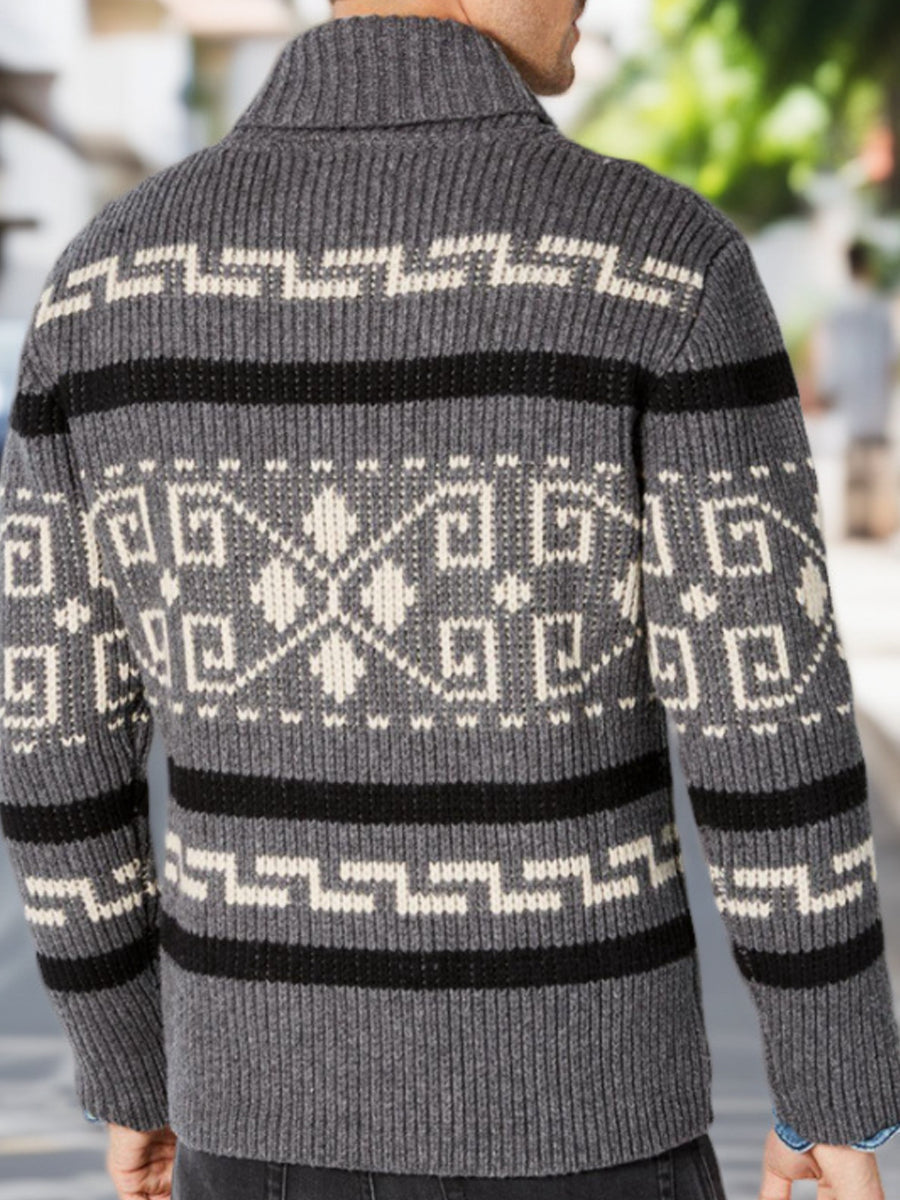 Herren Winter Retro indische Kultur Geometrisches Muster Schal Kragen Reiß verschluss Pullover Strickjacke