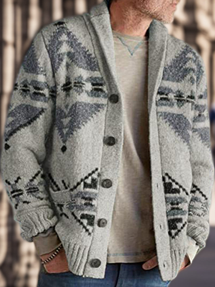 Herren Winter Retro indische Kultur Geometrisches Muster Schal Kragen Knopf Pullover Strickjacke