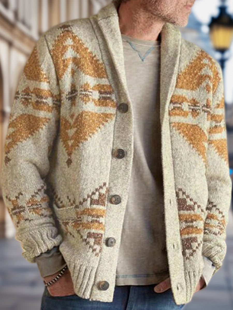 Herren Winter Retro indische Kultur Geometrisches Muster Schal Kragen Knopf Pullover Strickjacke
