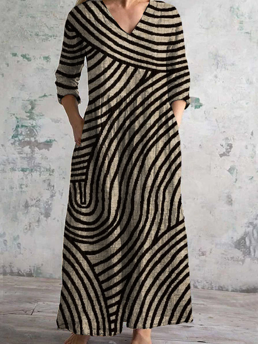 Vintage Kunstdruck Chic V-Ausschnitt Dreiviertel-Ärmel Elegantes Midi-Kleid