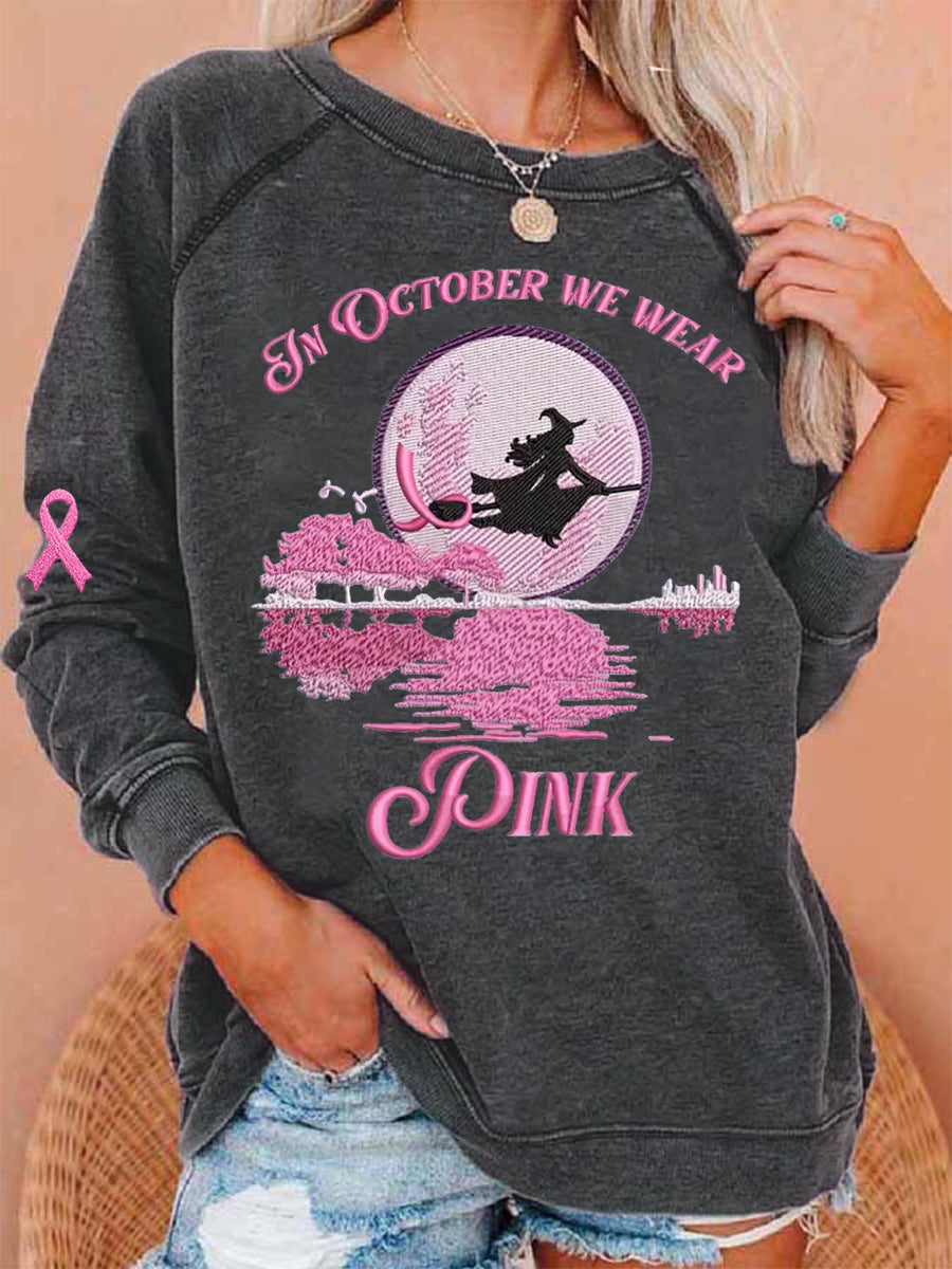 Frauen im Oktober tragen wir rosa Halloween Hexe Print Brustkrebs Bewusstsein Sweatshirt