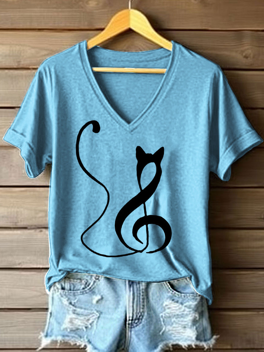 Frauen Musik Note inspirierte Katze Print V-Ausschnitt T-Shirt