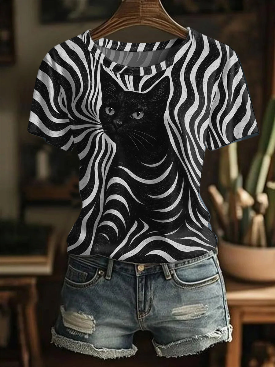 Damen Halloween schwarze Katzen streifen drucken lässiges T-Shirt