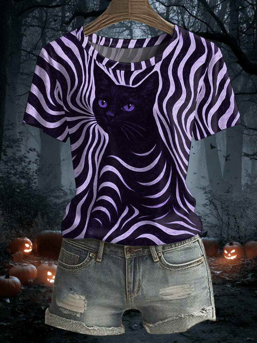 Damen Halloween schwarze Katzen streifen drucken lässiges T-Shirt