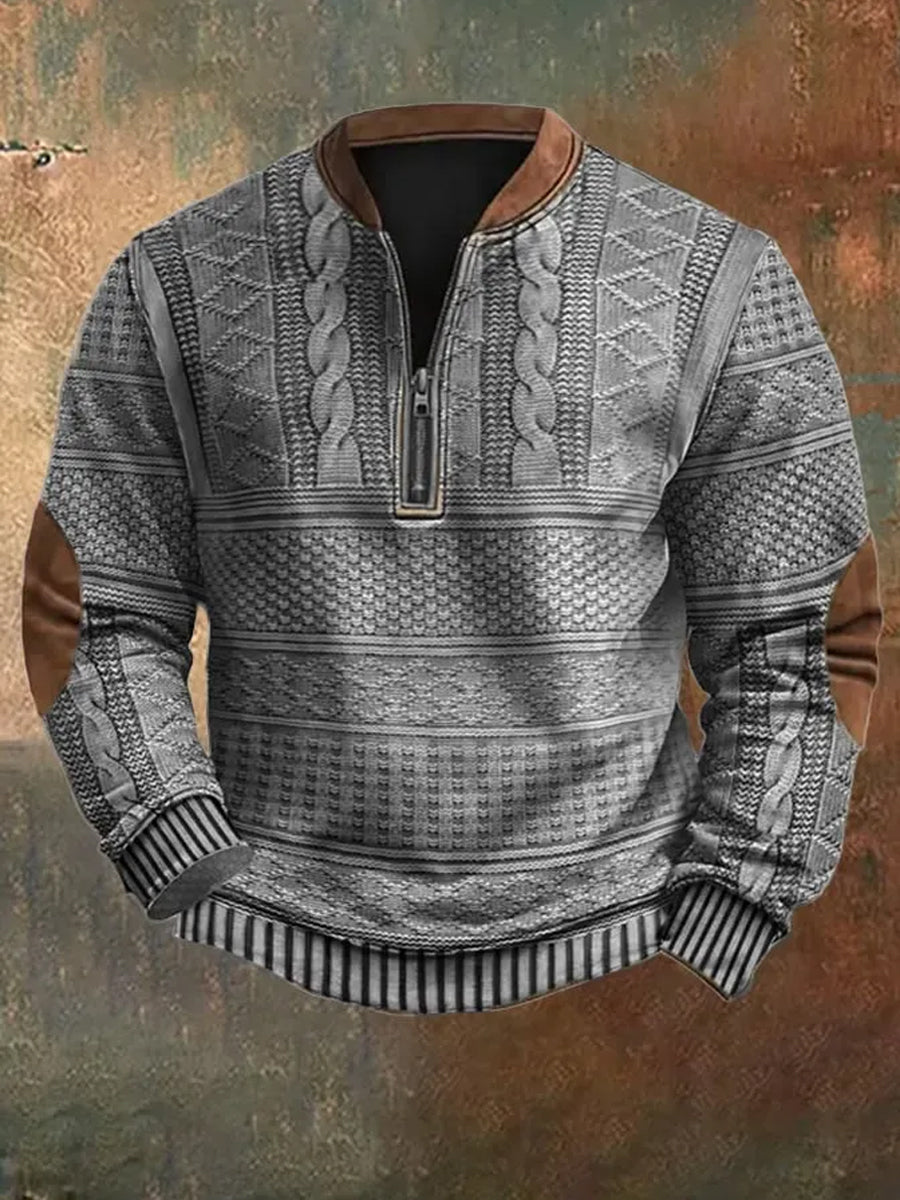 Herren Vintage Strickmuster-Druck lässig Reiß verschluss Sweatshirt