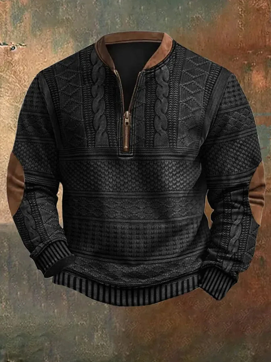 Herren Vintage Strickmuster-Druck lässig Reiß verschluss Sweatshirt
