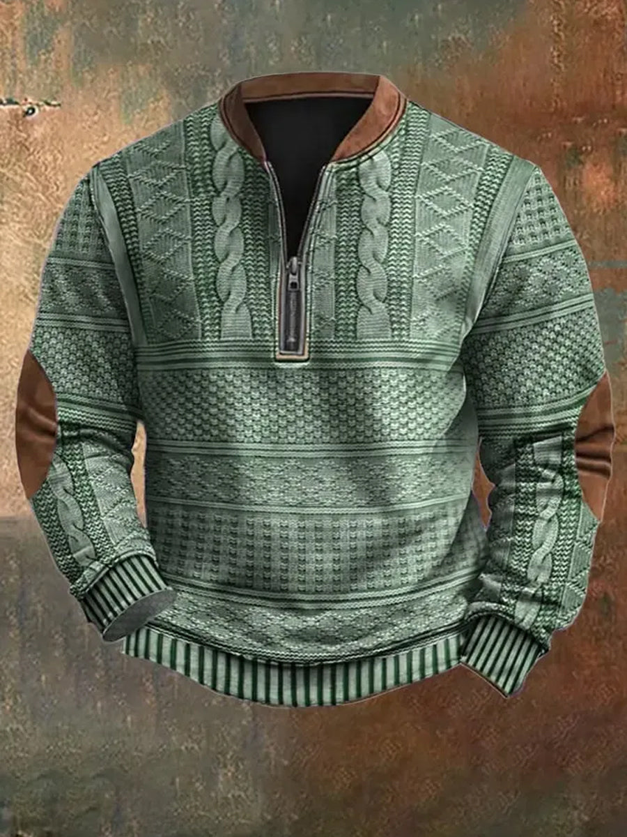 Herren Vintage Strickmuster-Druck lässig Reiß verschluss Sweatshirt