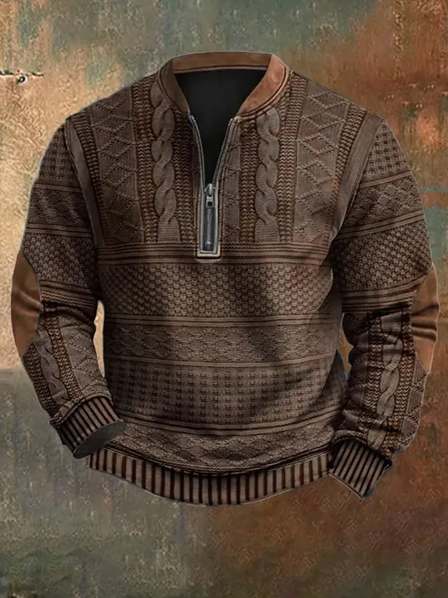 Herren Vintage Strickmuster-Druck lässig Reiß verschluss Sweatshirt