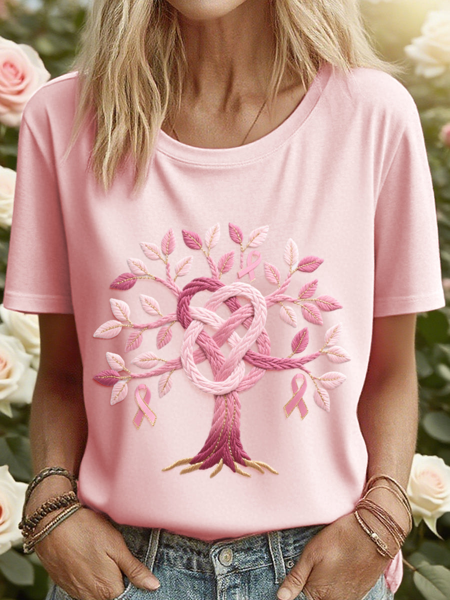 Frauen Rosa Baum des Lebens bestickte T-Shirt