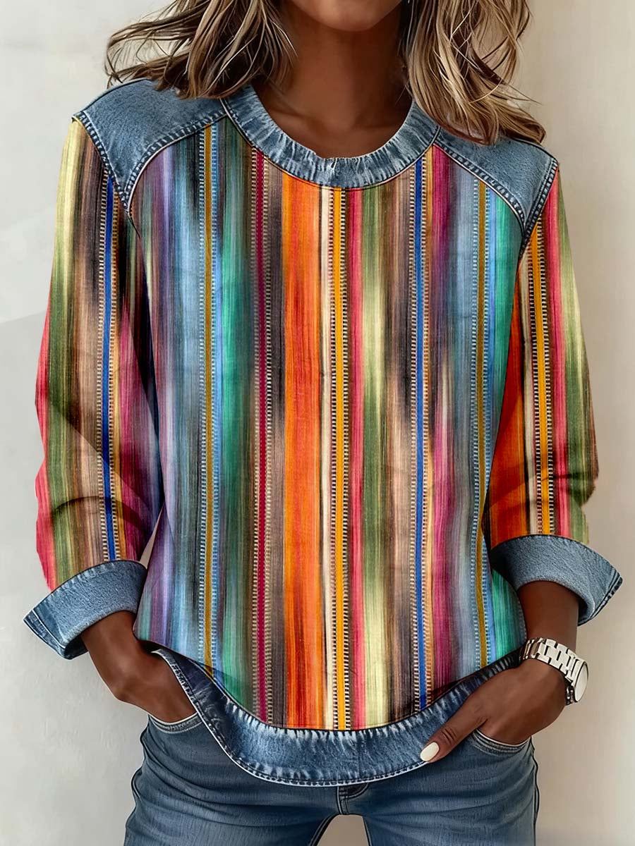 Frauen bunt gestreiftes Muster Patchwork Kunst Sweatshirt