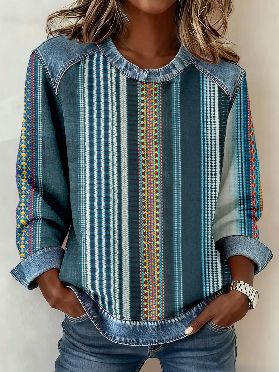 Frauen böhmisches gestreiftes Muster Patchwork Kunst Sweatshirt