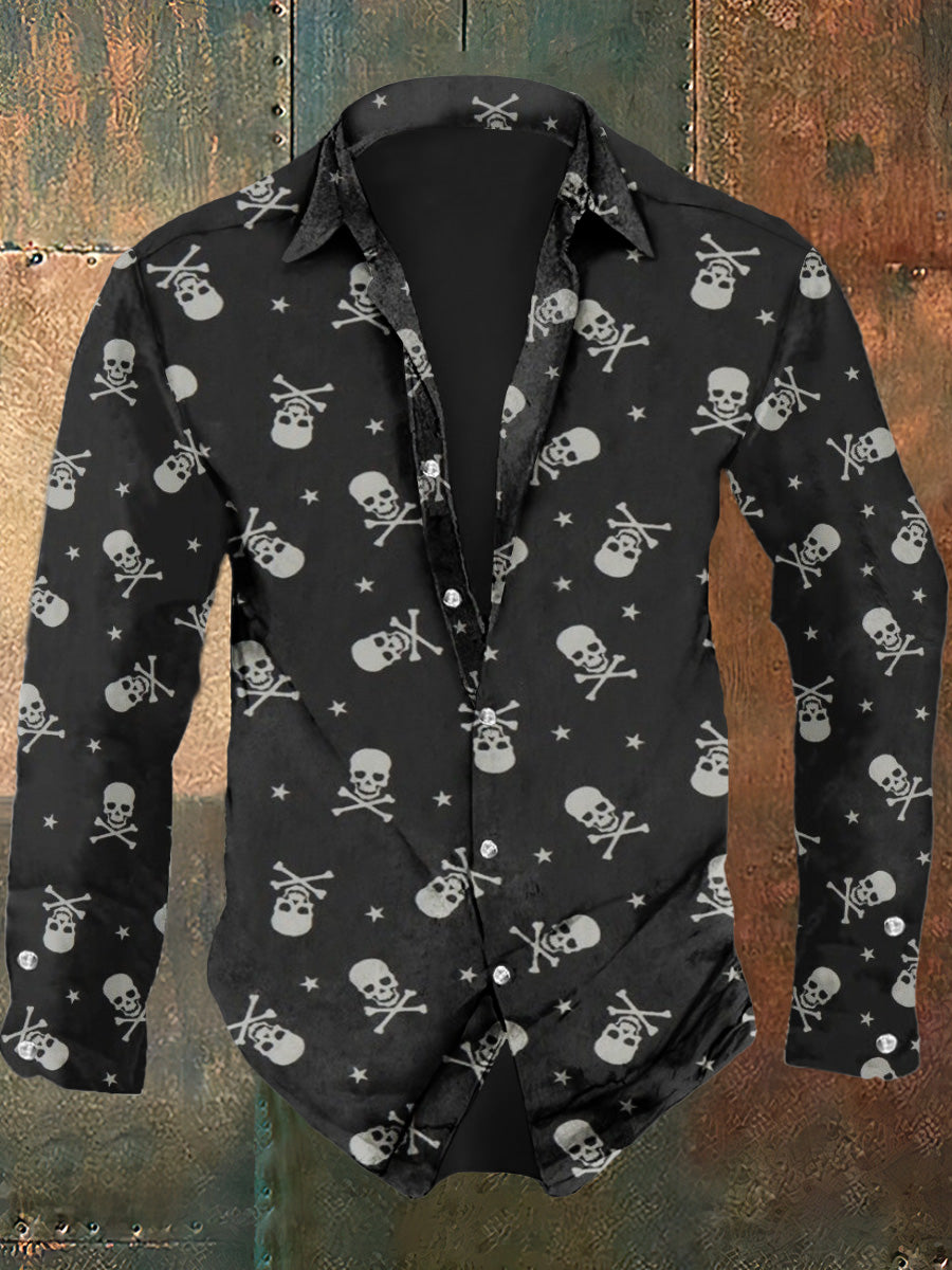 Herren Retro-Totenkopf-Print lässig Mode Revers lang ärmel iges Hemd