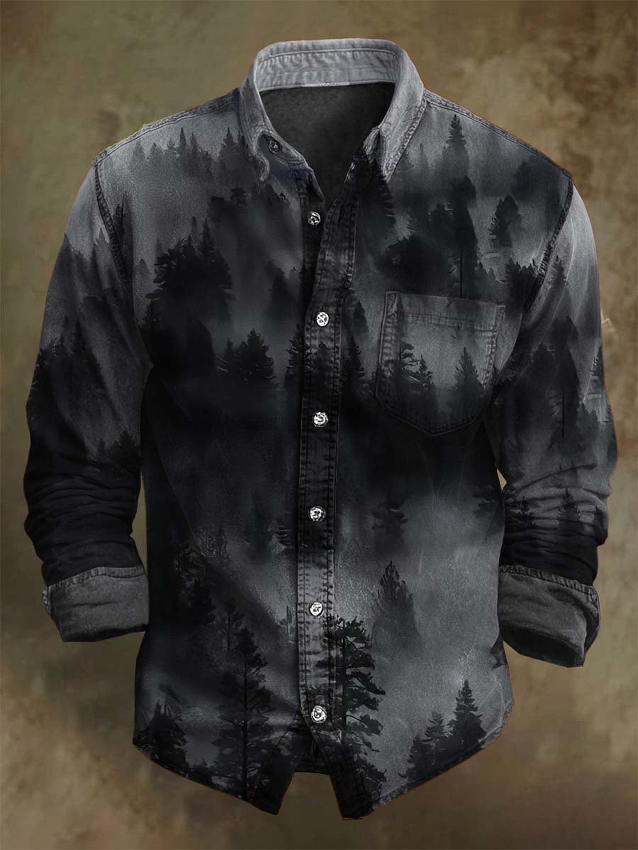 Misty Black Forest Print Lässiges Langarm-Shirt