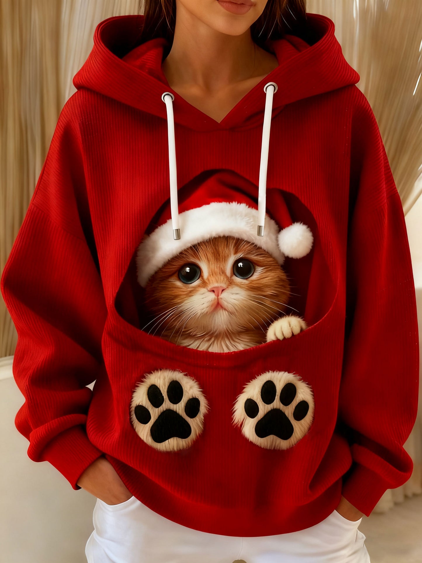 Frauen niedliche Weihnachts katze Kunst Kordel zug Hoodie