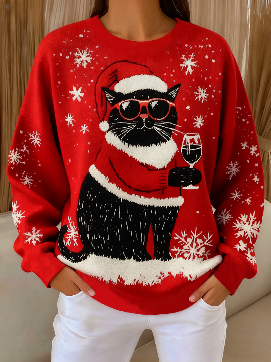 Damen Vintage Weihnachten schwarze Katze bedrucktes Sweatshirt