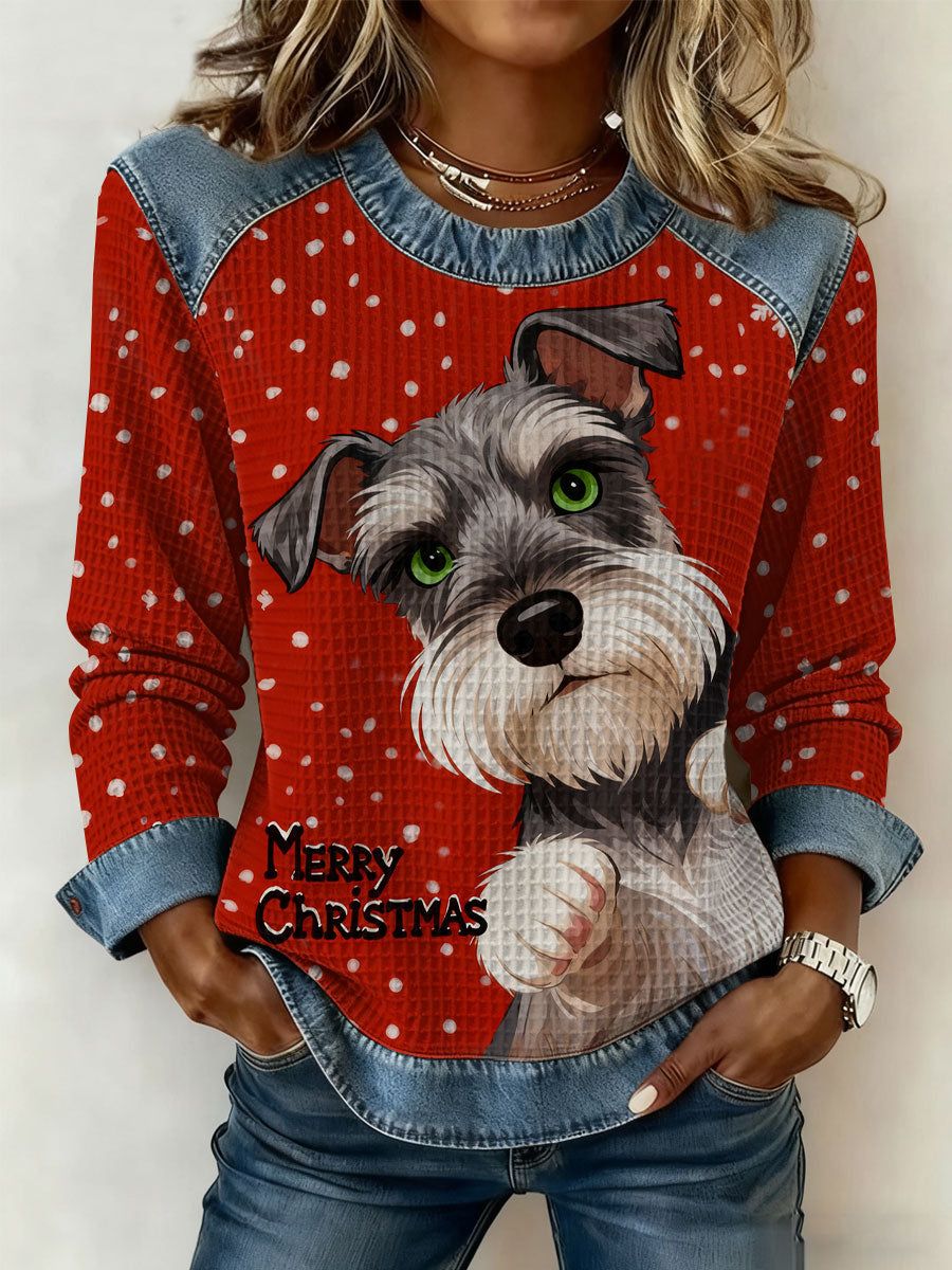 Damen Vintage Weihnachts hund Denim Patchwork Sweatshirt