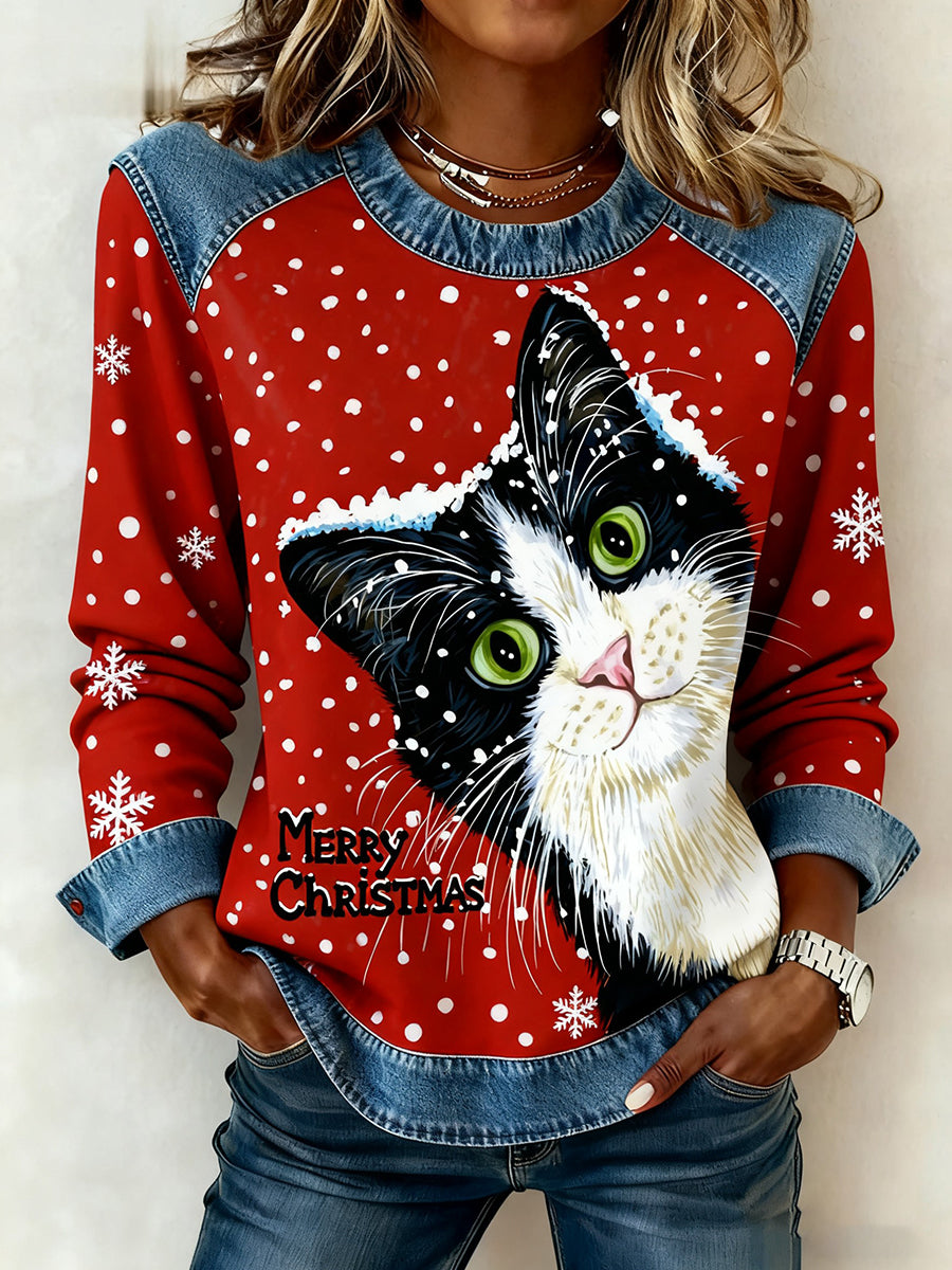 Damen Vintage Weihnachts katze Denim Patchwork Sweatshirt