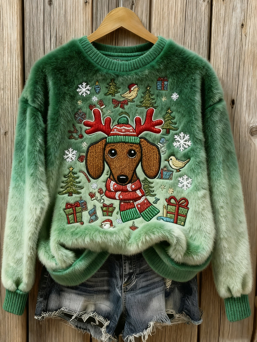 Damen Weihnachts dackel Hund Kunst Gemütliche Flanell Pullover