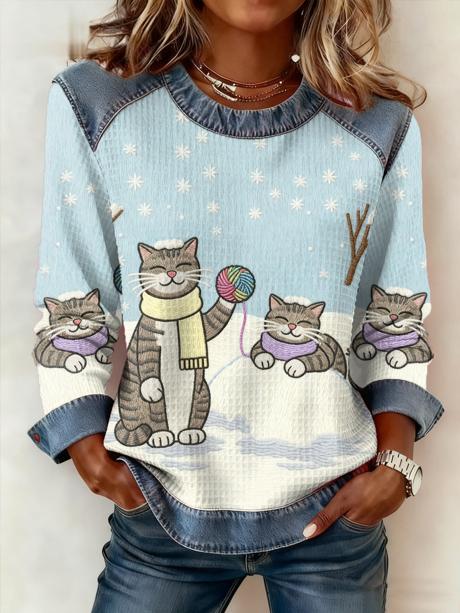 Damen niedliche Winter Katze Print Katze Liebhaber lässig Sweatshirt