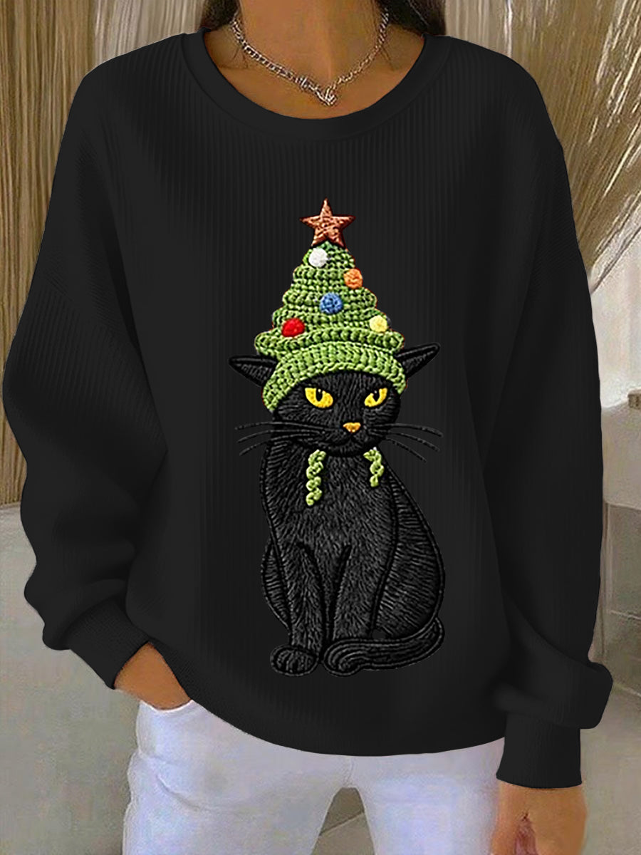 Frauen Weihnachts baum niedliche Katze Kunst Geripptes Rundhals-Sweatshirt