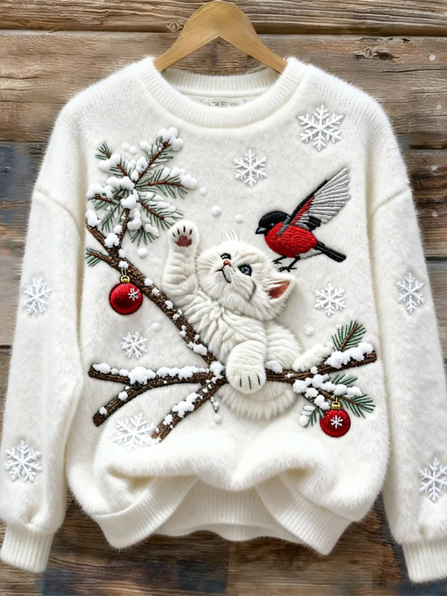 Damen-Weihnacht-Sweatshirt mit süßem Katzen-Kunstdruck