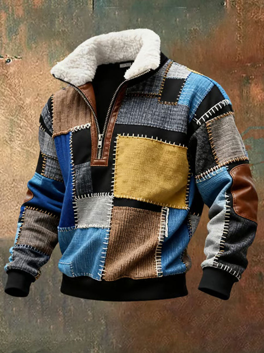 Herren Retro-Farb block druck Lässiges Pelz kragen Langarm Sweatshirt
