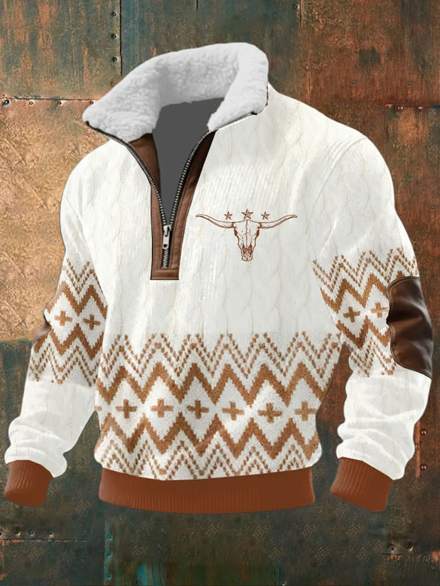 Herren Retro Western Art Print Casual Reiß verschluss Pelz Kragen Sweatshirt