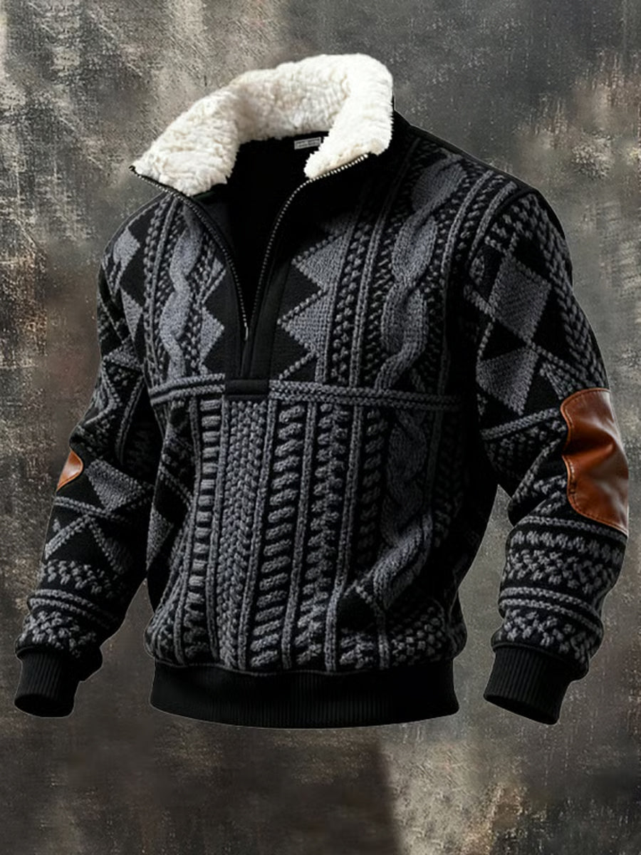 Herren Retro-Farb block druck Lässiger Pelz kragen Kapuzen pullover mit Reiß verschluss