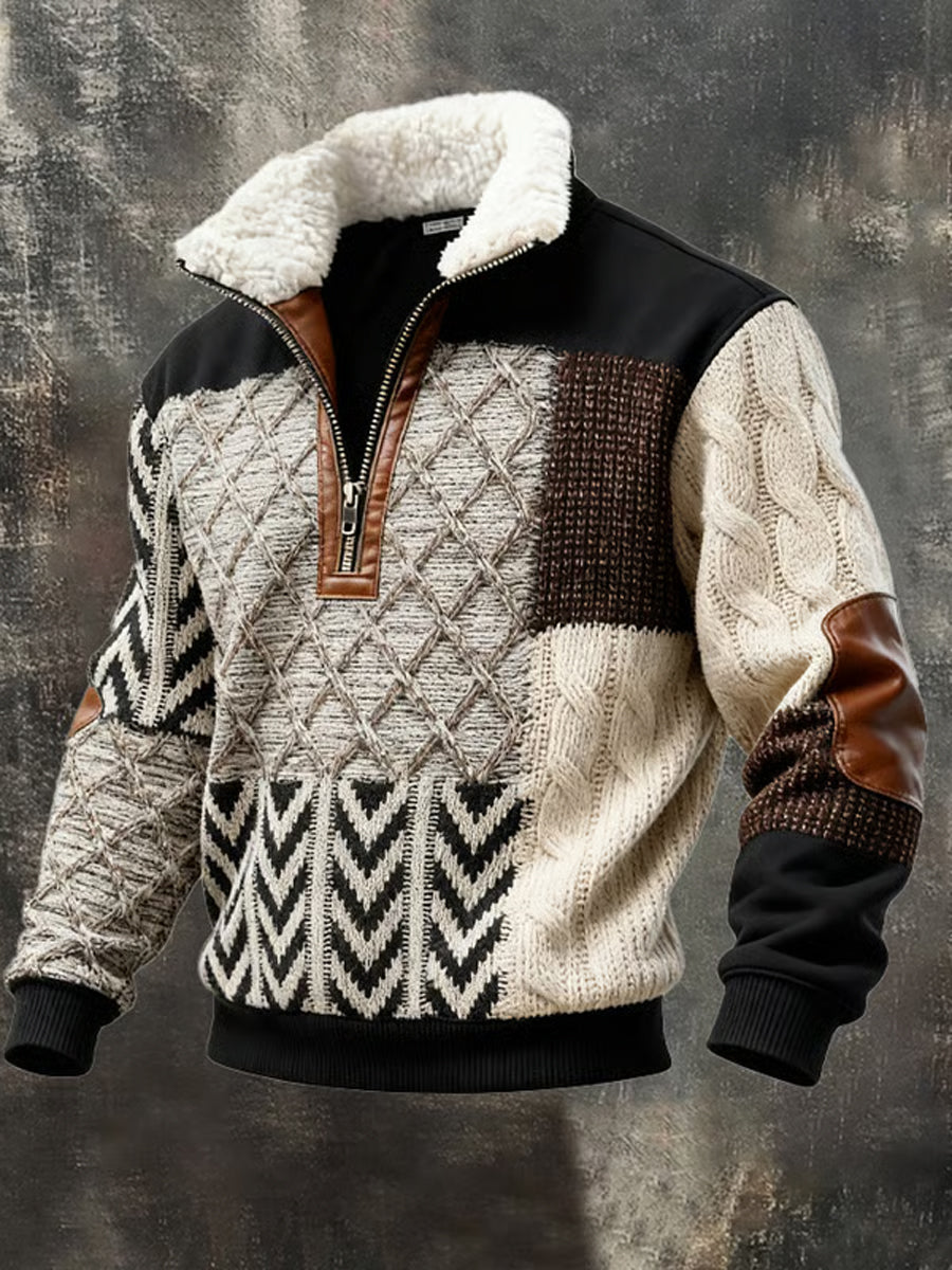 Herren Retro-Farb block druck Lässiger Pelz kragen Kapuzen pullover mit Reiß verschluss