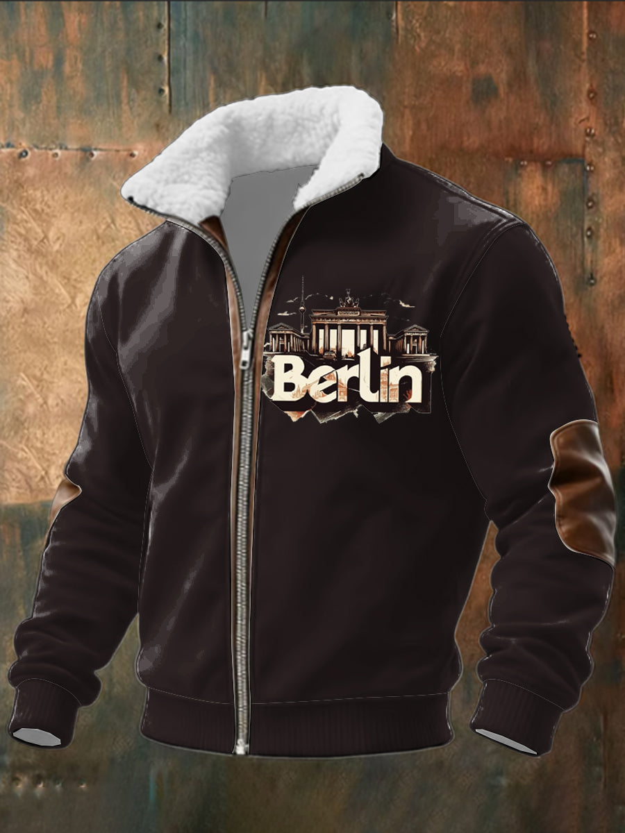Herren Braun Berlin Landmark Print Sherpa-Gelinierte Zip Jacke