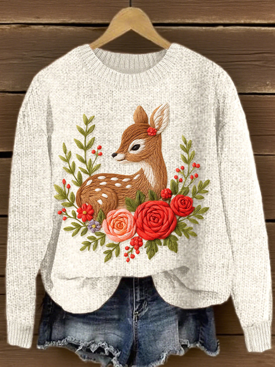 Damen Blumen-und Hirsch stickerei muster Gemütlicher Strick pullover