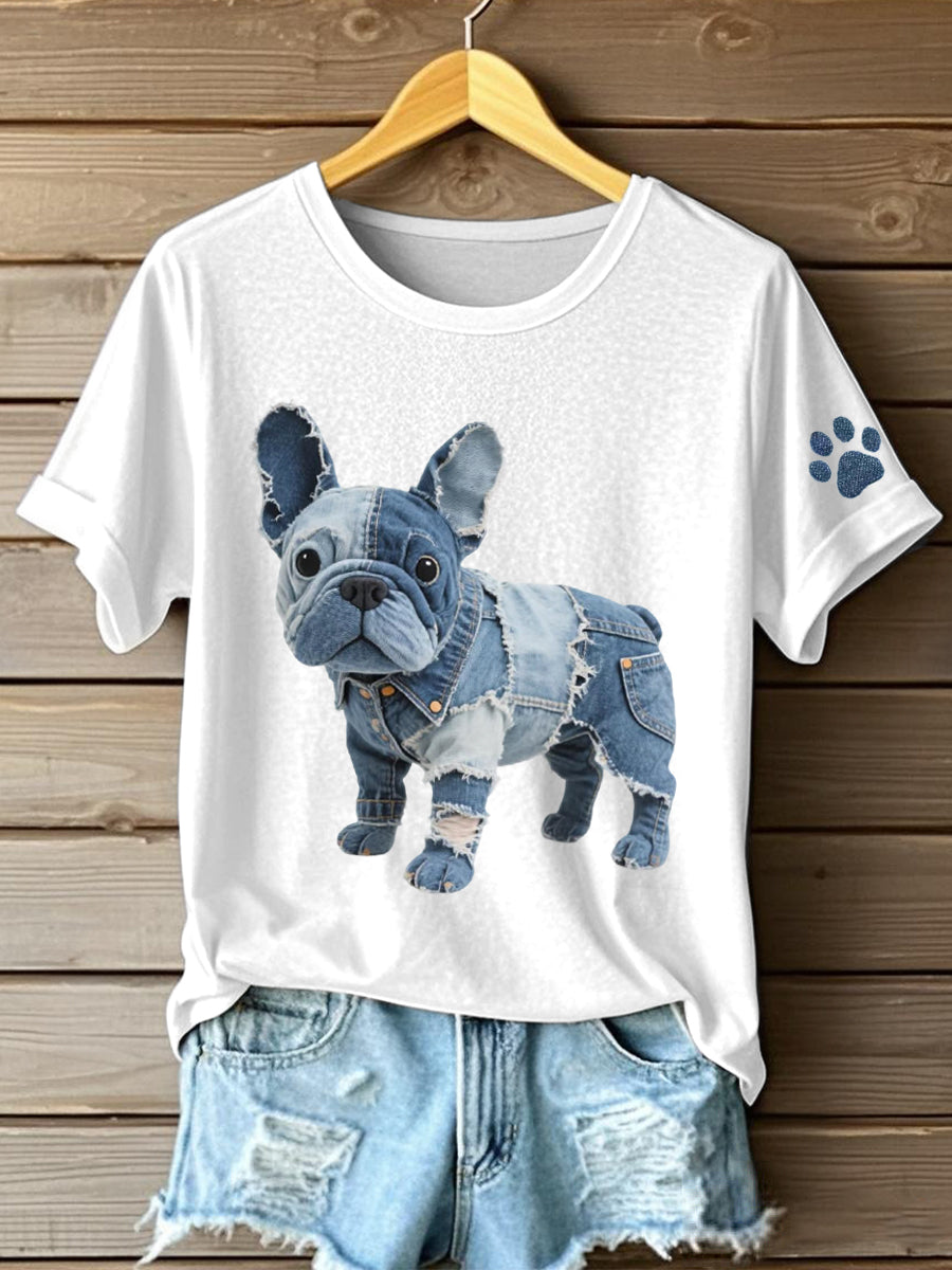 Damen Denim Patchwork Kunst Französische Bulldogge Muster T-Shirt