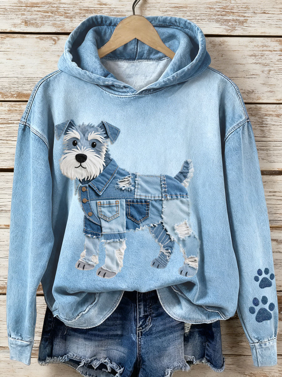 Damen Denim Patchwork Kunst Schnauzer Hunde muster Hoodie