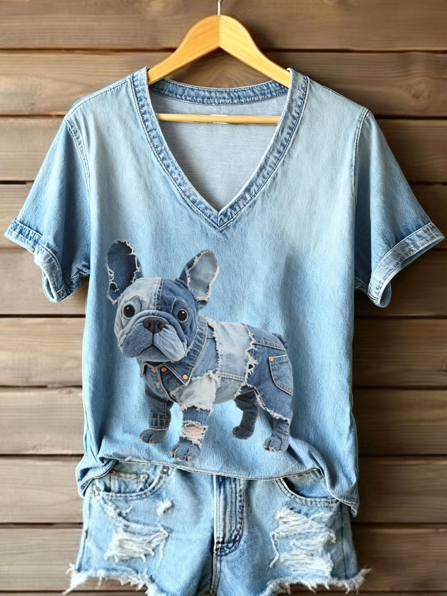 Damen Denim Patchwork Kunst Französische Bulldogge Muster V-Ausschnitt T-Shirt