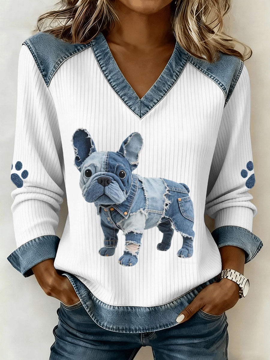 Damen französische Bulldogge Muster Denim Patchwork Kunst V-Ausschnitt Top