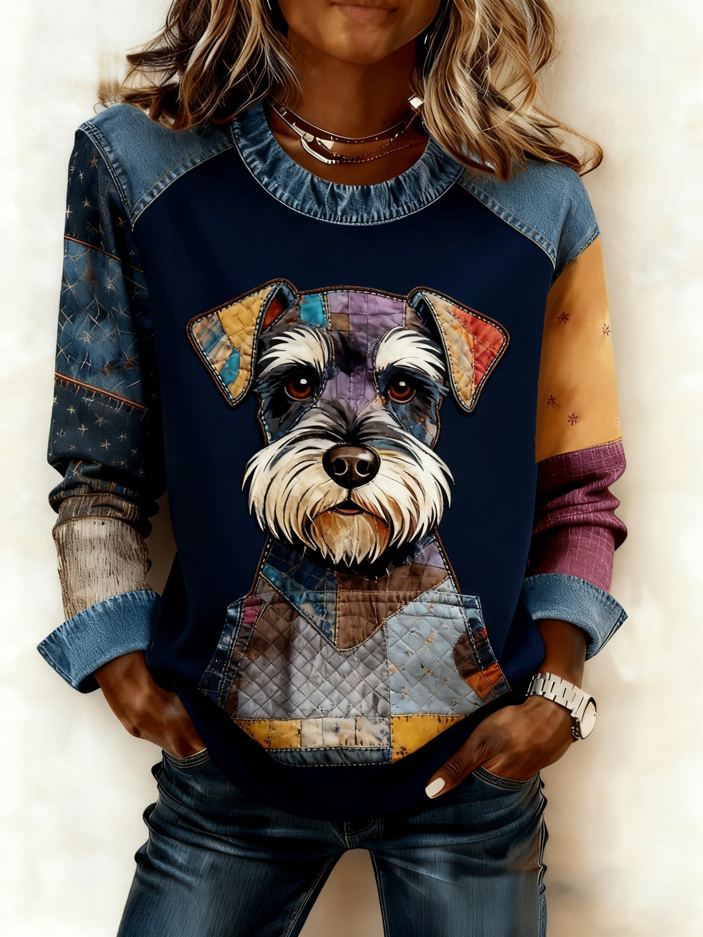 Damen-Kunst-Hunde-Denim-Patchwork-Sweatshirt
