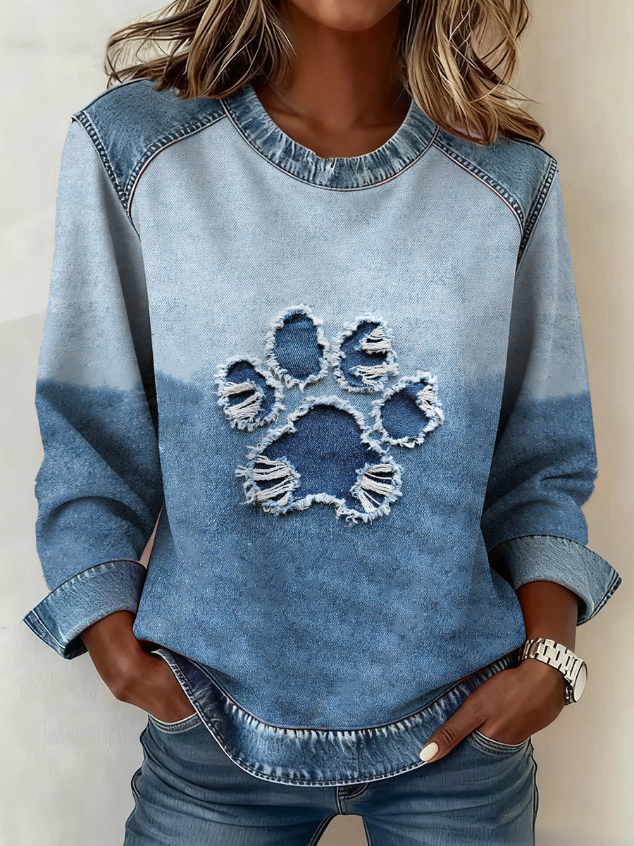 Damen Hunde paw Denim Crewneck Sweatshirt