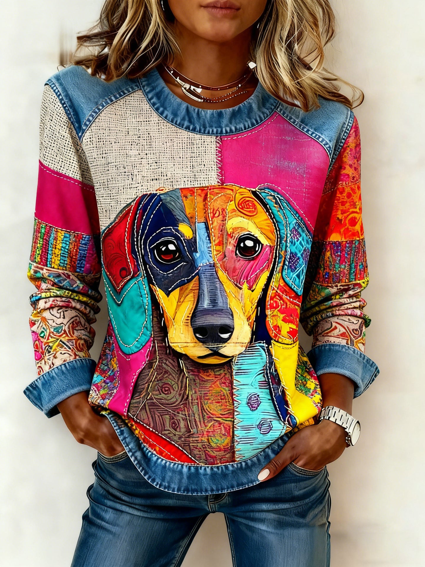 Damen-Kunst-Hunde-Denim-Patchwork-Sweatshirt