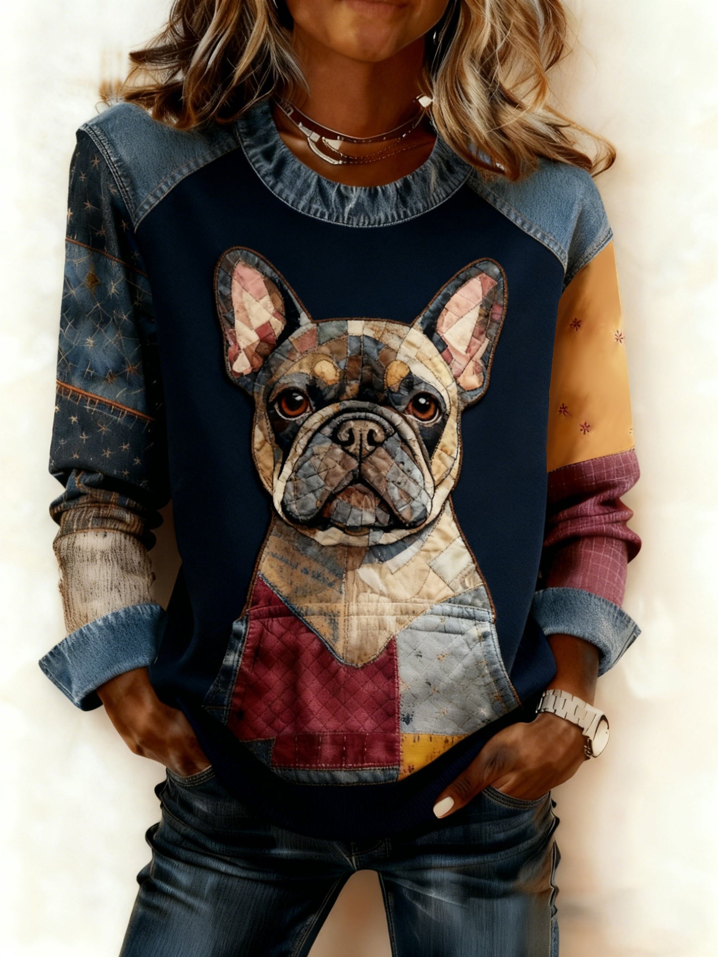 Damen-Kunst-Hunde-Denim-Patchwork-Sweatshirt