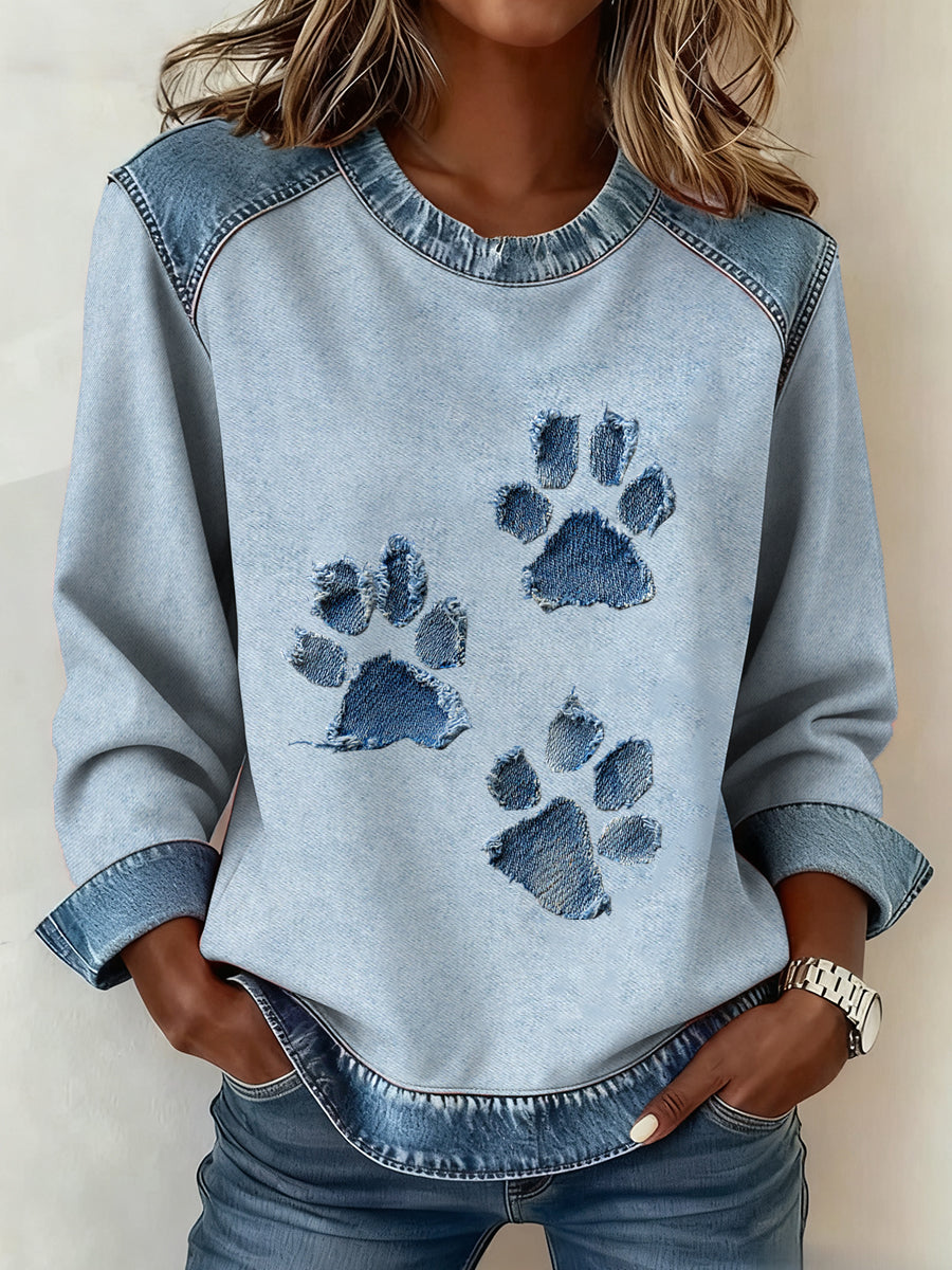 Damen Hunde paw Denim Crewneck Sweatshirt