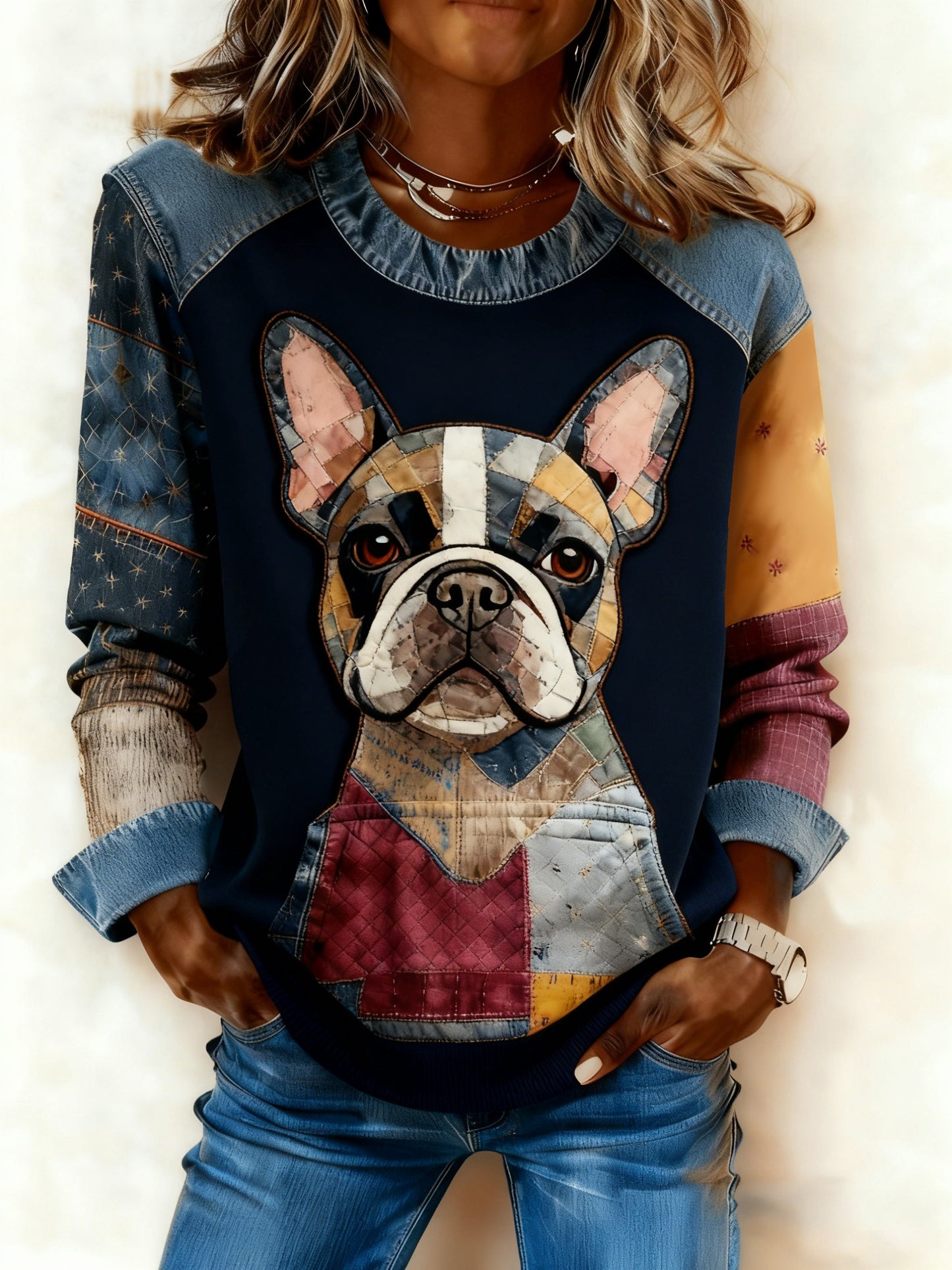Damen-Kunst-Hunde-Denim-Patchwork-Sweatshirt