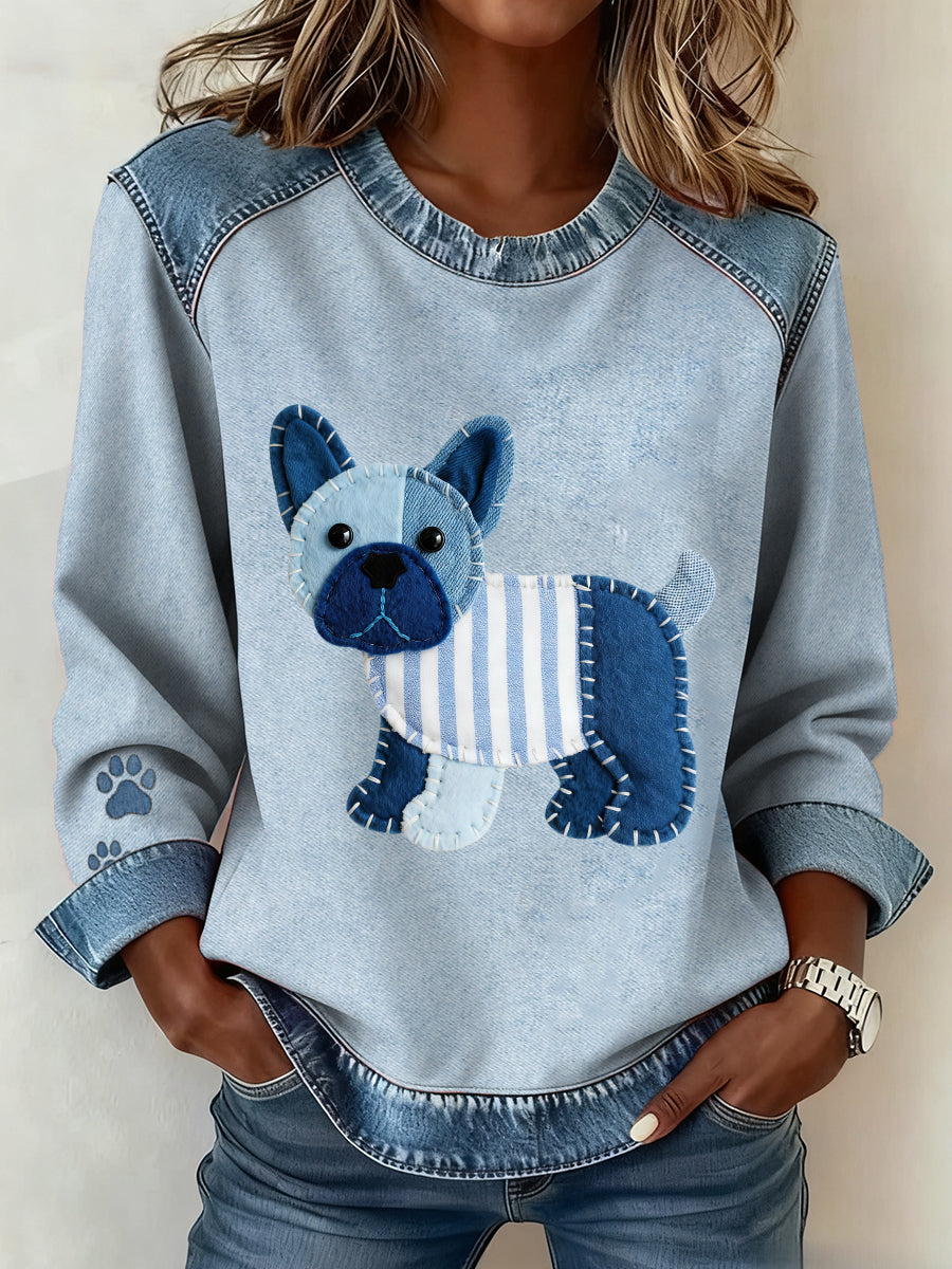 Damen Hund Denim Crewneck Sweatshirt