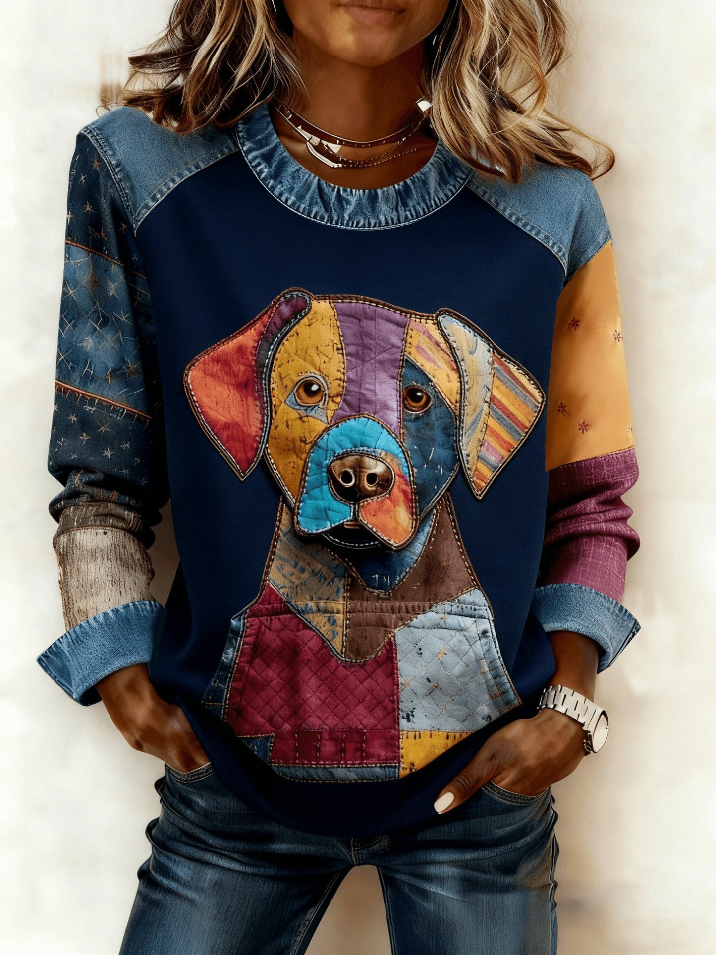 Damen-Kunst-Hunde-Denim-Patchwork-Sweatshirt