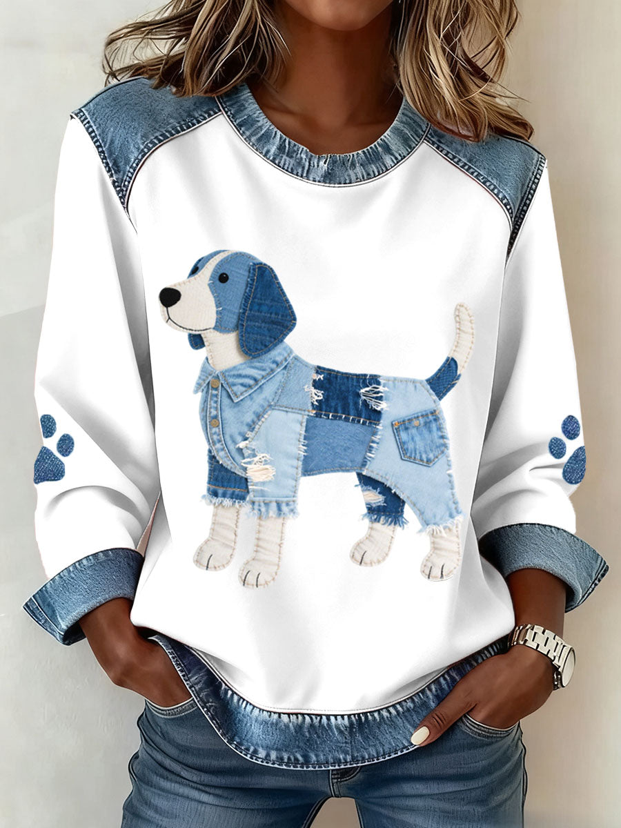 Damen-Beagle-Hunde muster Denim-Patchwork-Sweatshirt