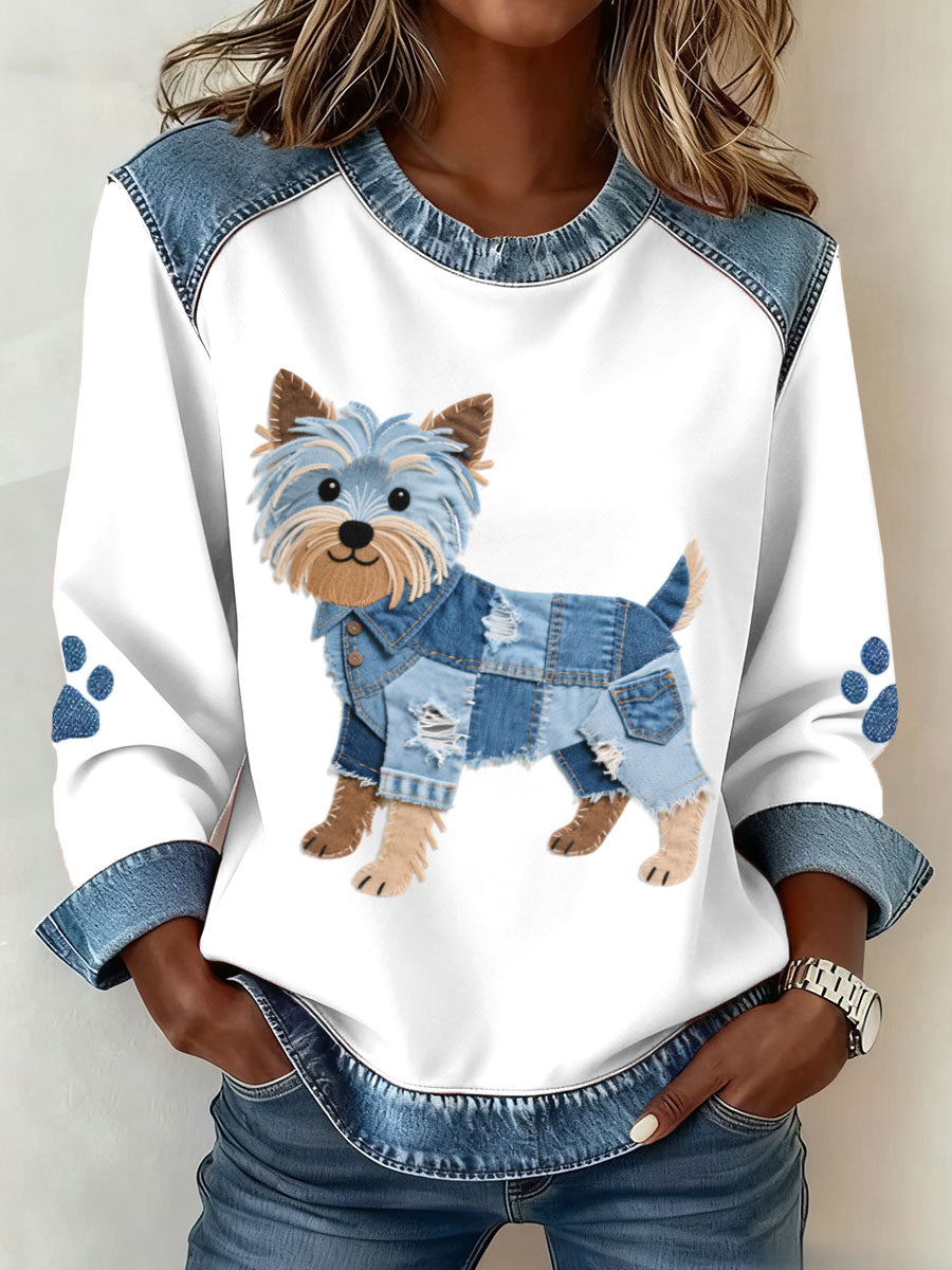Damen schöne Yorkshire Terrier Hunde muster Denim Patchwork Sweatshirt