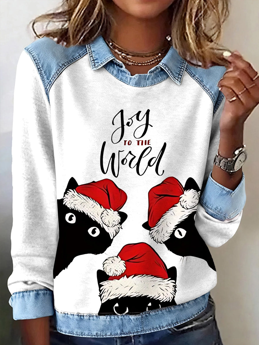 Frauen Weihnachten Lustige Niedliche Katzen Print Casual Top